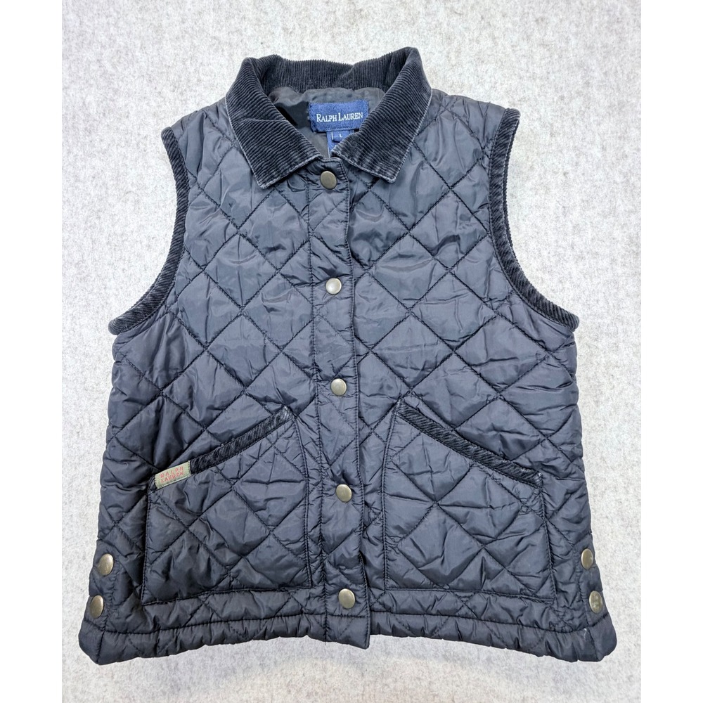 Ralph Lauren Quilted Vest Kids Size L Black Corduroy Trim Snap Front